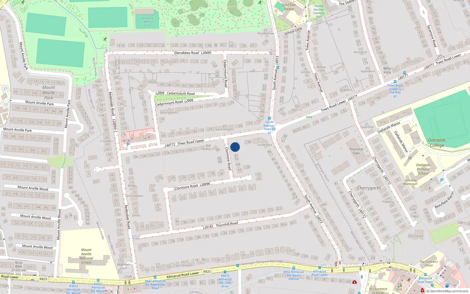 Overhead map showing the location of 49 Clonmore Road, Blackrock