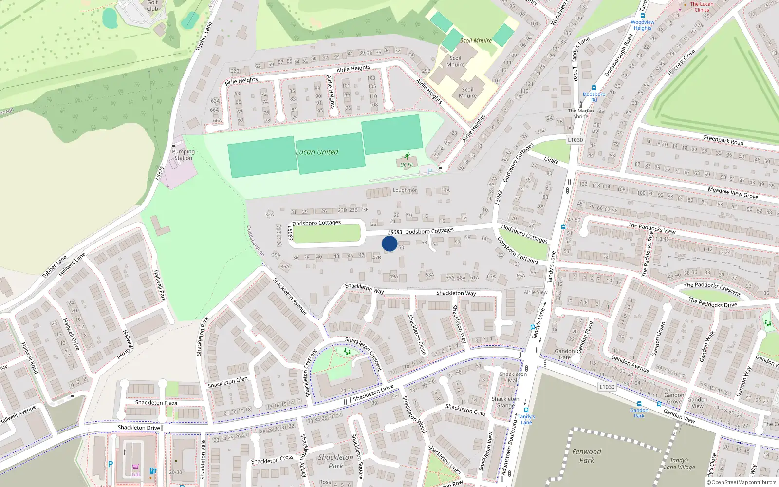 Overhead map showing the location of 49 Dodsborough Cottages, Lucan