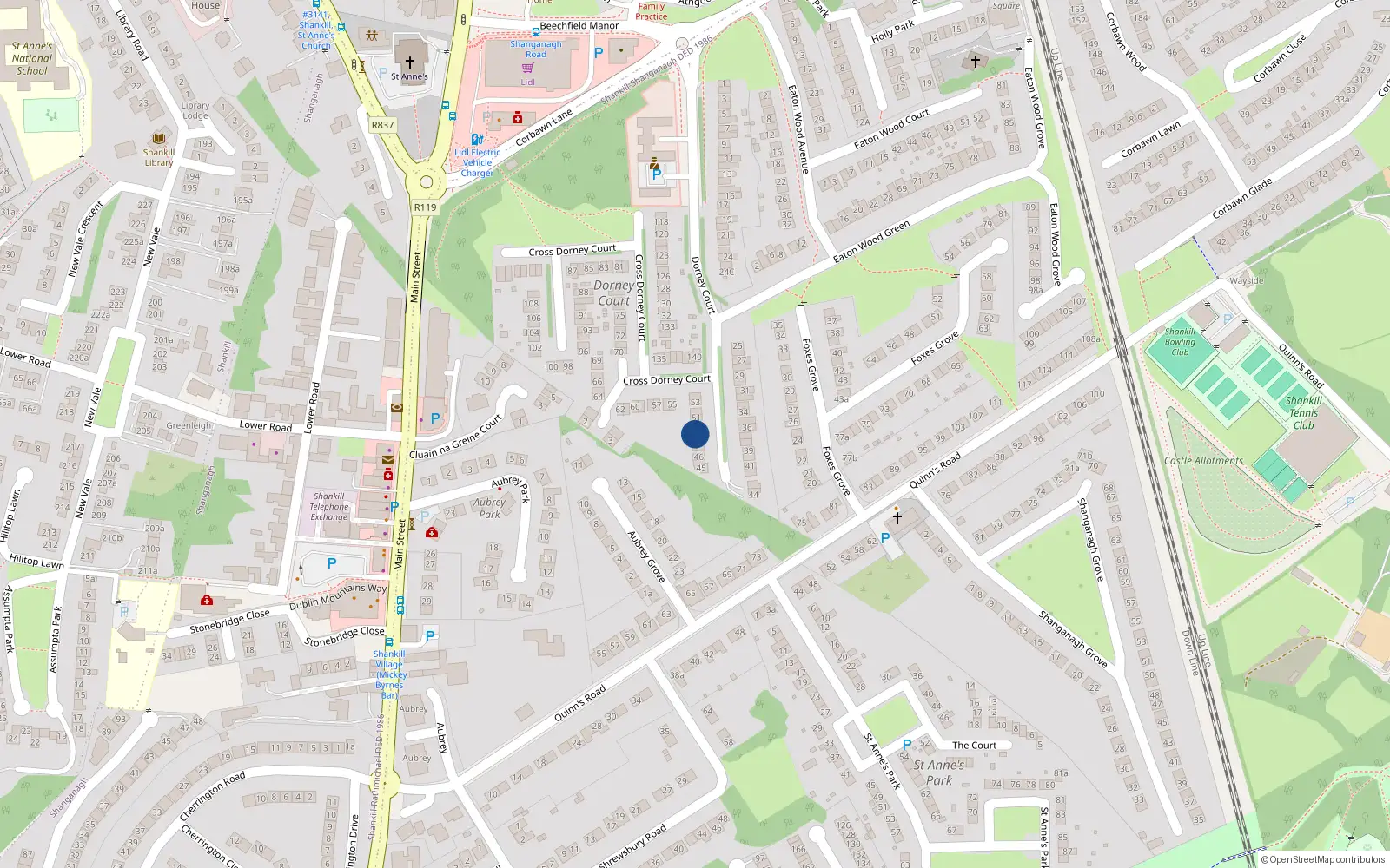 Overhead map showing the location of 49 Dorney Court, Shankill