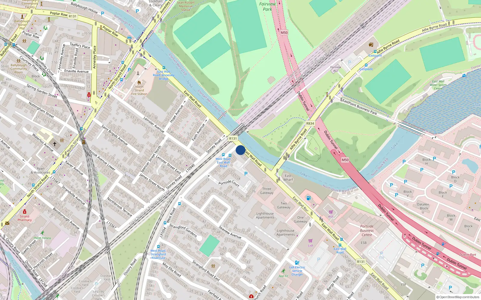 Overhead map showing the location of 49 East Wall Road, Dublin