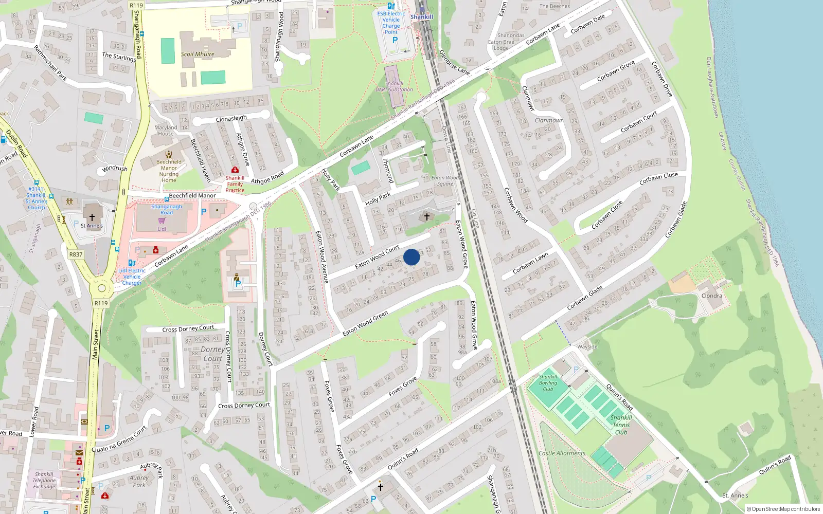 Overhead map showing the location of 49 Eaton Wood Court, Shankill