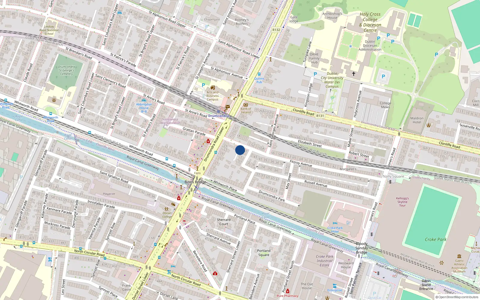 Overhead map showing the location of 49 Fitzroy Avenue, Drumcondra, Dublin 9