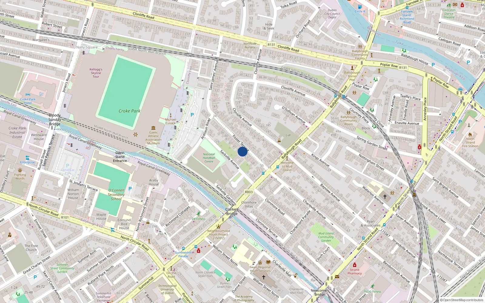 Overhead map showing the location of 49 Foster Terrace, Dublin 3