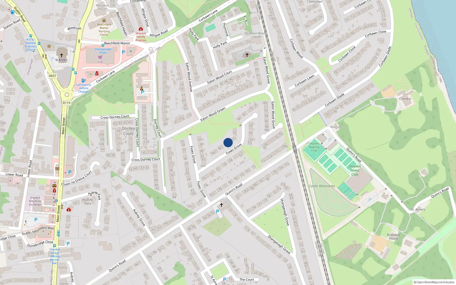 Overhead map showing the location of 49 Foxes Grove, Shankill