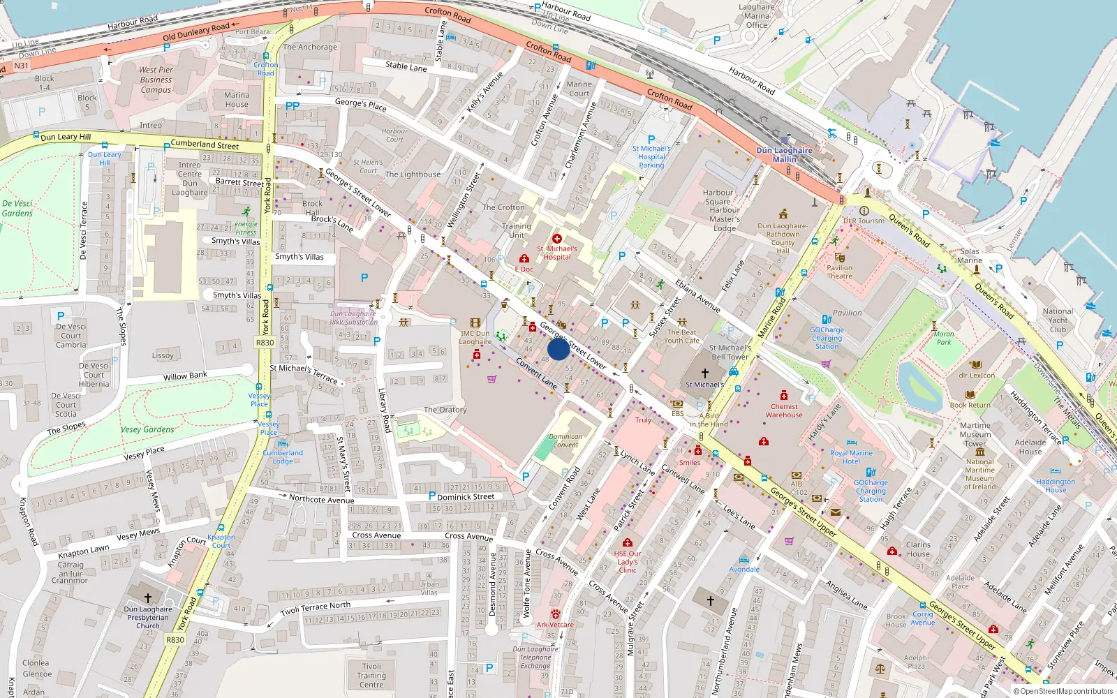 Overhead map showing the location of 49 Georges St Lower, Dun Laoghaire, Dublin
