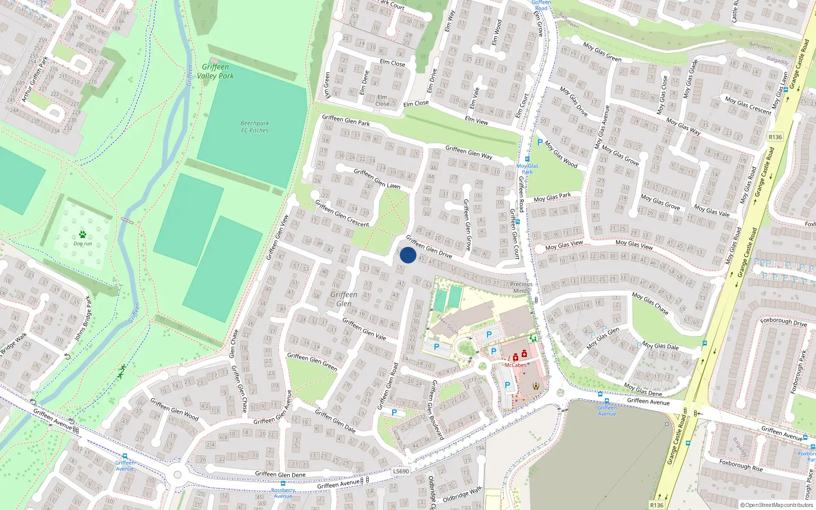 Overhead map showing the location of 49 Griffeen Glen Road, Lucan, Co Dublin