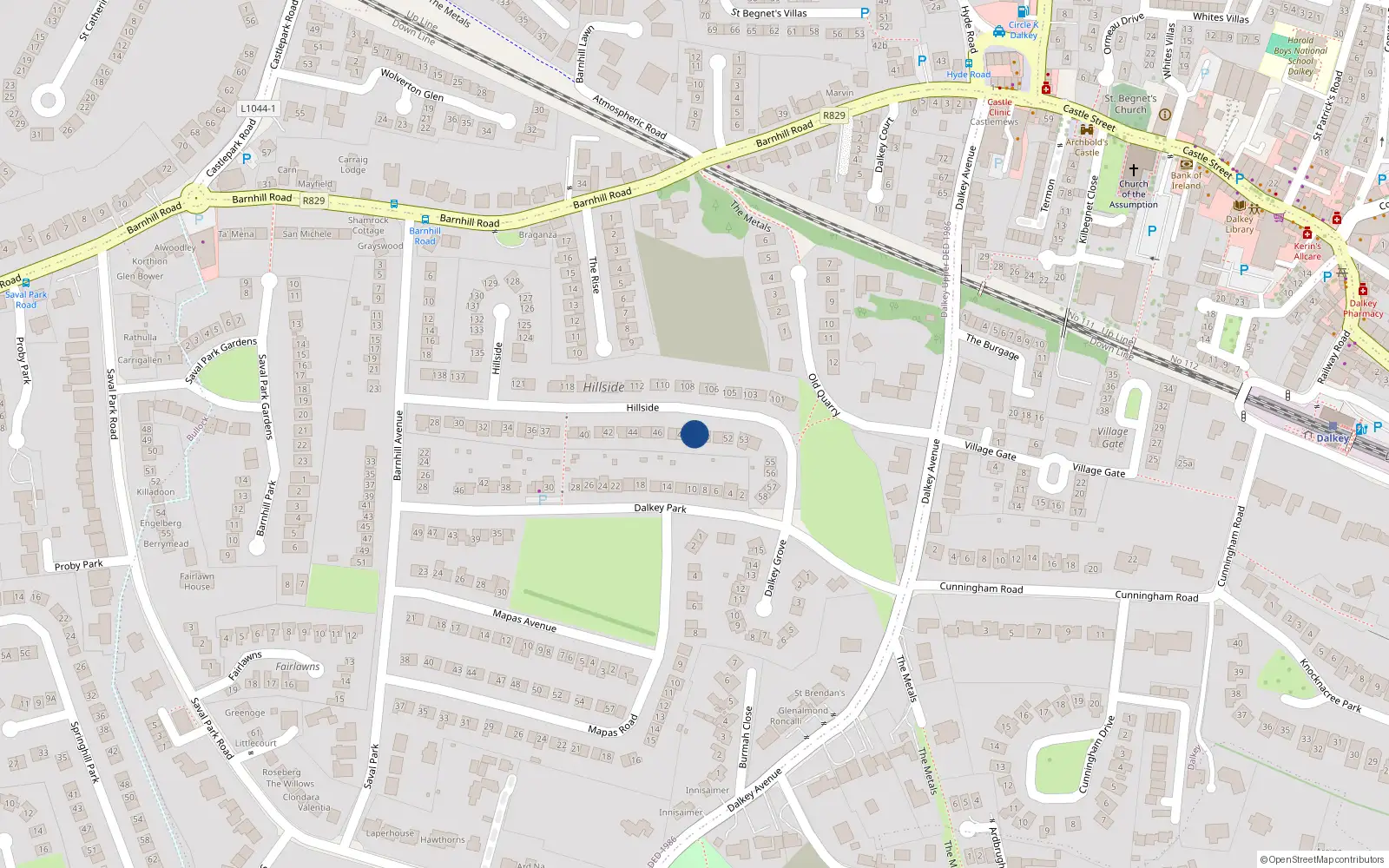 Overhead map showing the location of 49 Hillside, Dublin