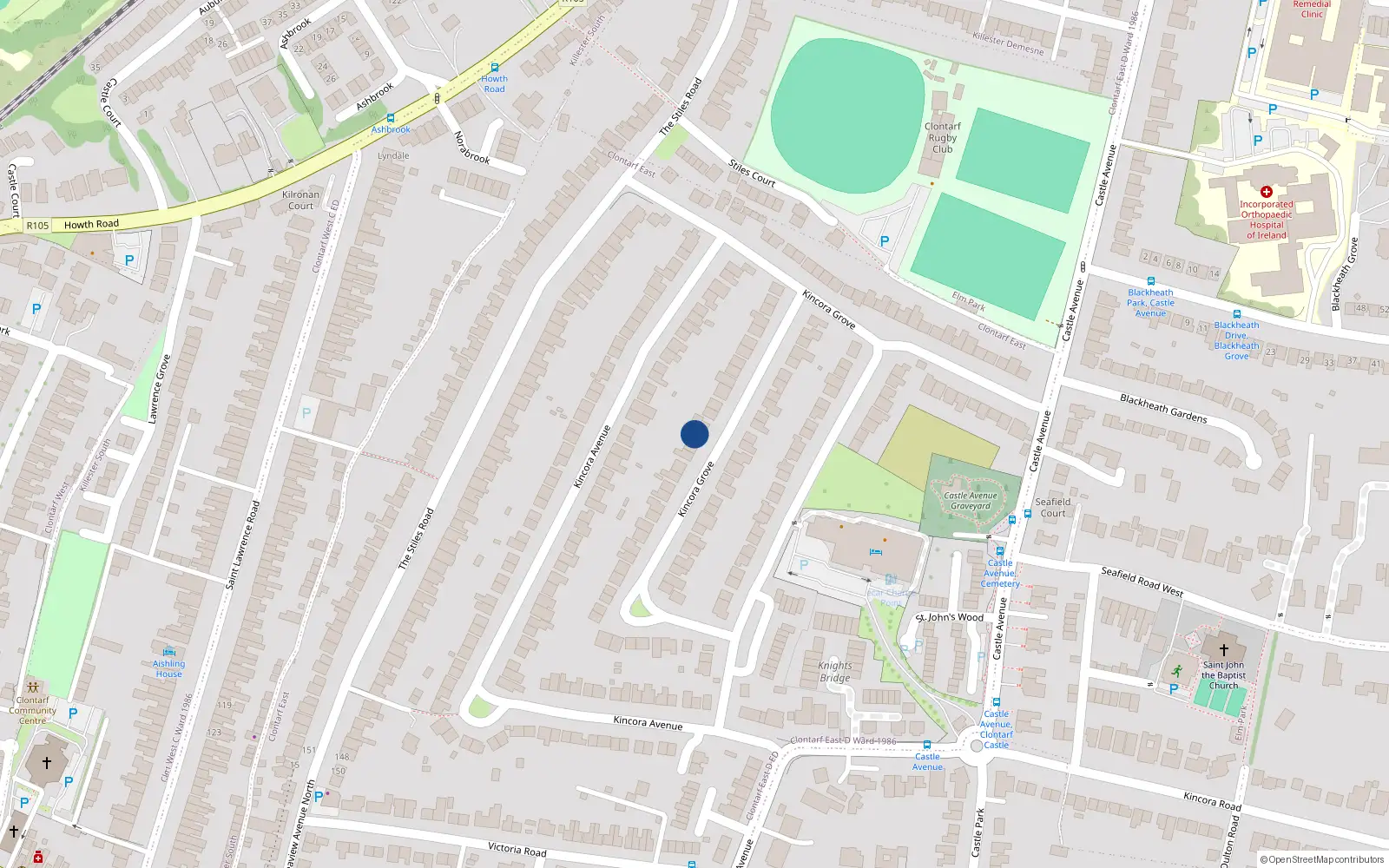 Overhead map showing the location of 49 Kincora Drive, Clontarf, Dublin 3