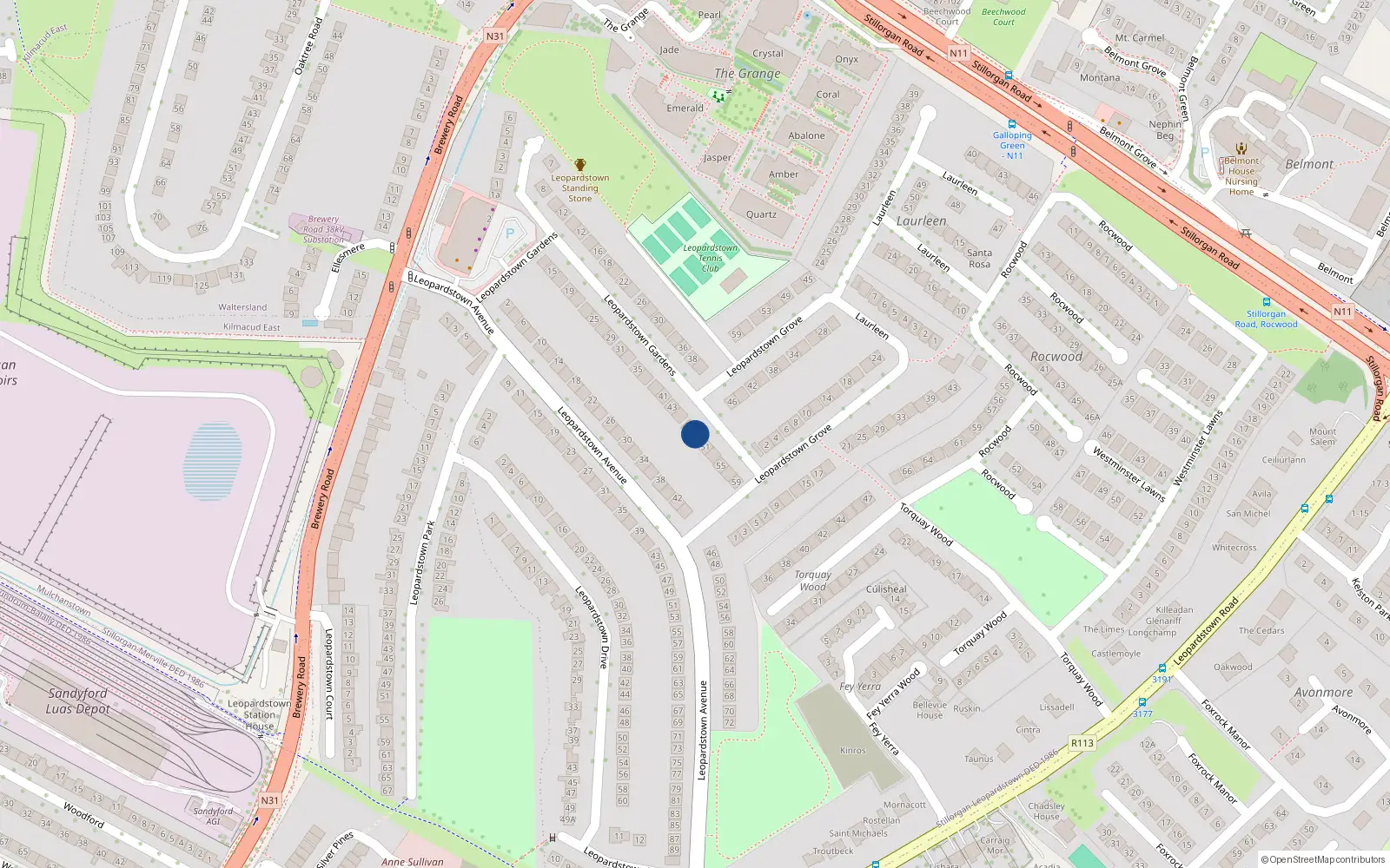 Overhead map showing the location of 49 Leopardstown Gardens, Blackrock, Dublin