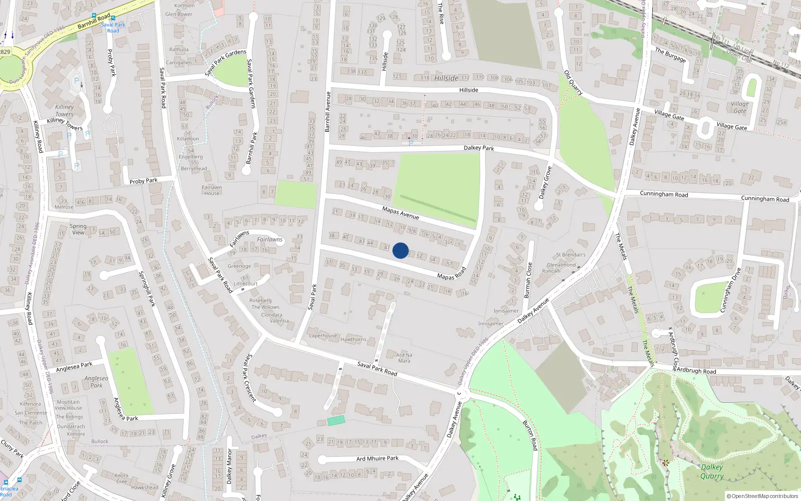 Overhead map showing the location of 49 Mapas Road, Dalkey