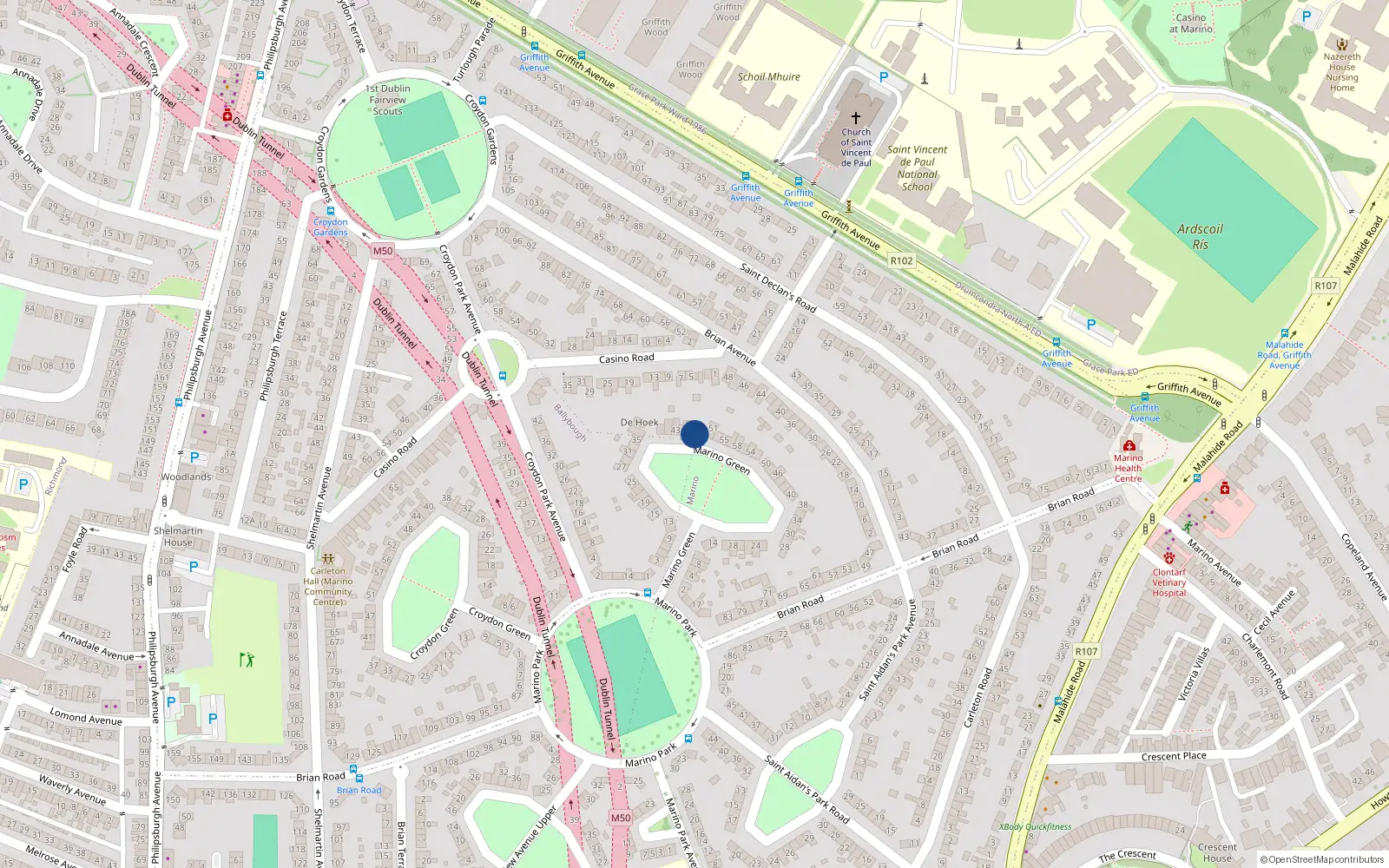 Overhead map showing the location of 49 Marino Green, Marino, Dublin 3