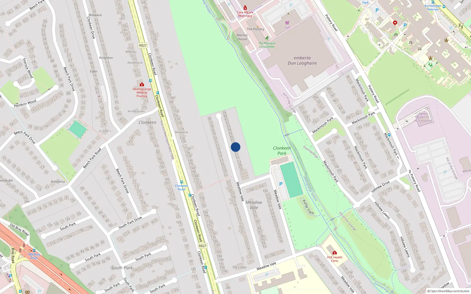 Overhead map showing the location of 49 Meadow Vale, Blackrock