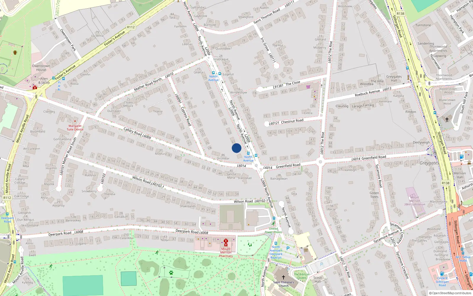 Overhead map showing the location of 49 North Avenue, Mount Merrion, Co Dublin