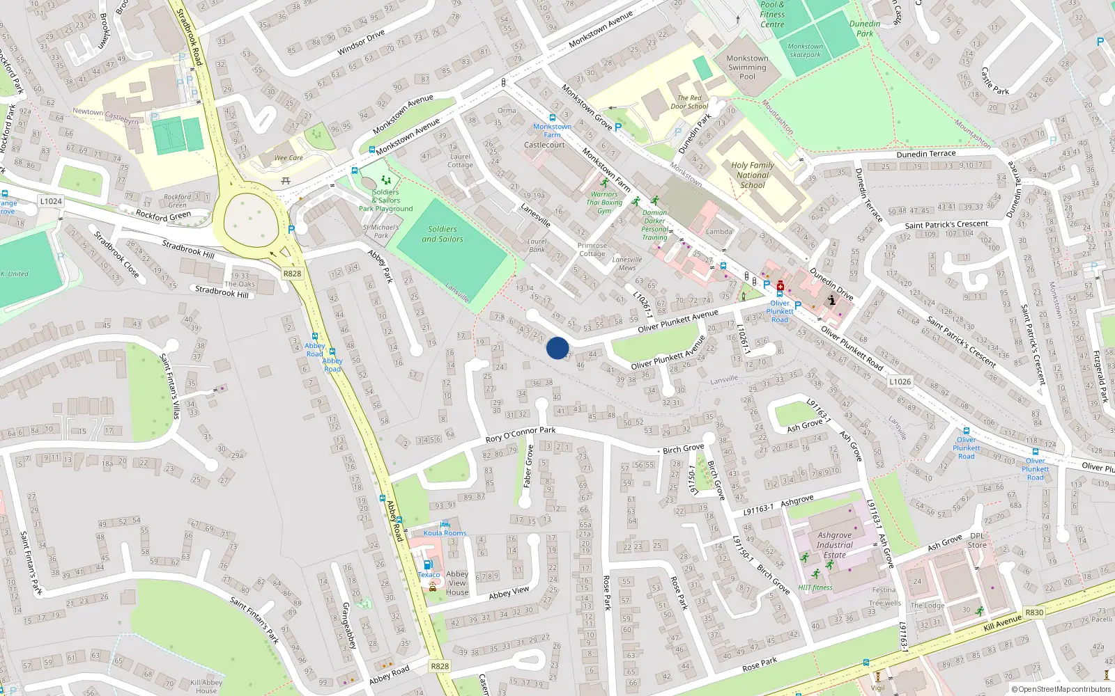 Overhead map showing the location of 49 Oliver Plunkett Avenue, Dun Laoghaire