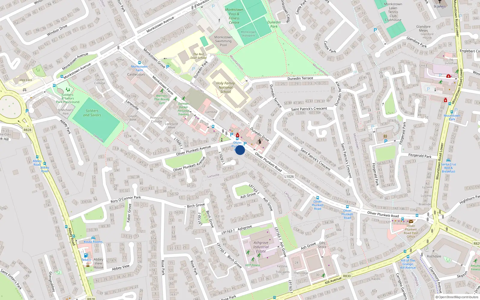 Overhead map showing the location of 49 Oliver Plunkett Road, Monkstown Farm, Dun Laoghaire