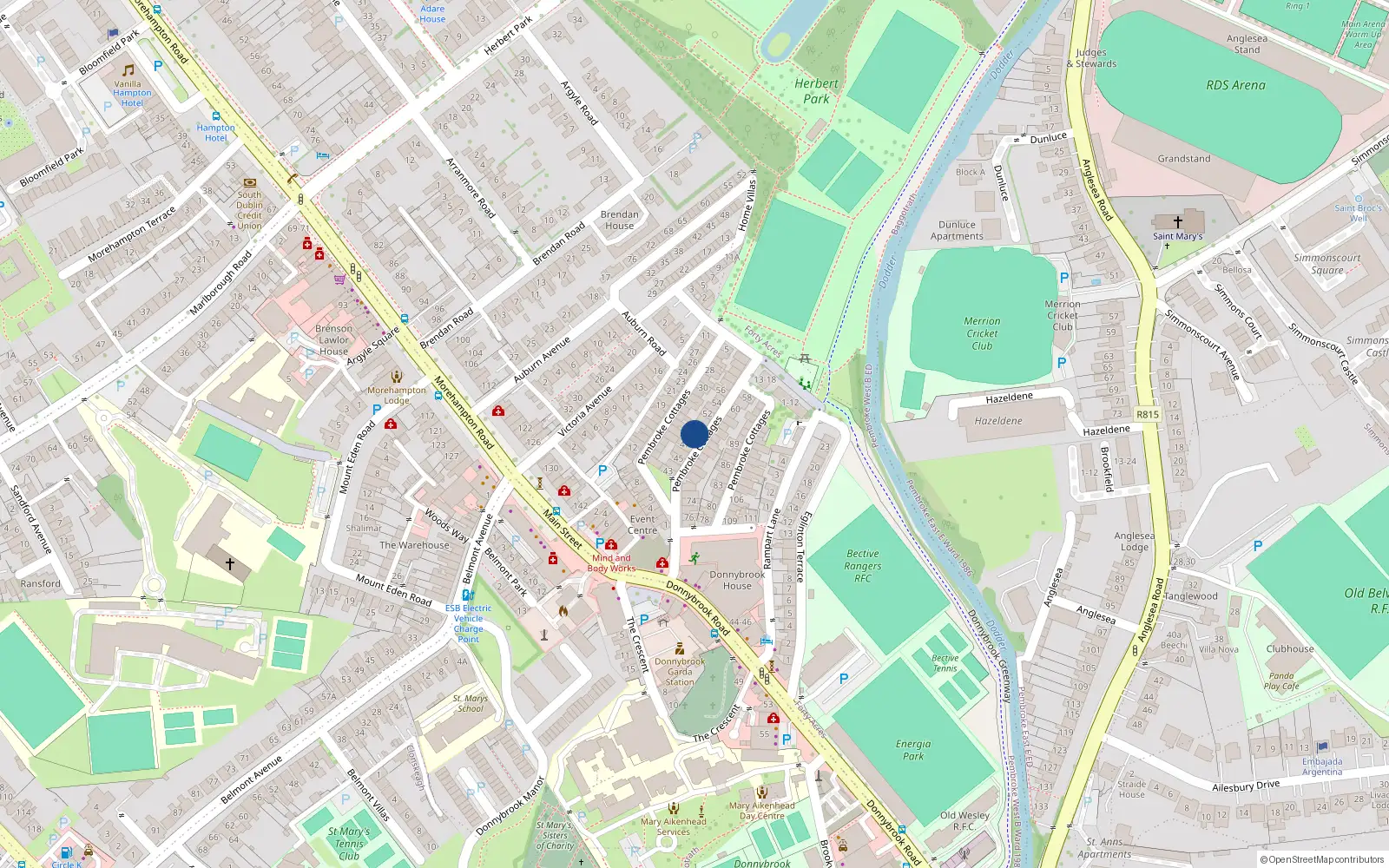 Overhead map showing the location of 49 Pembroke Cottages, Dublin 4