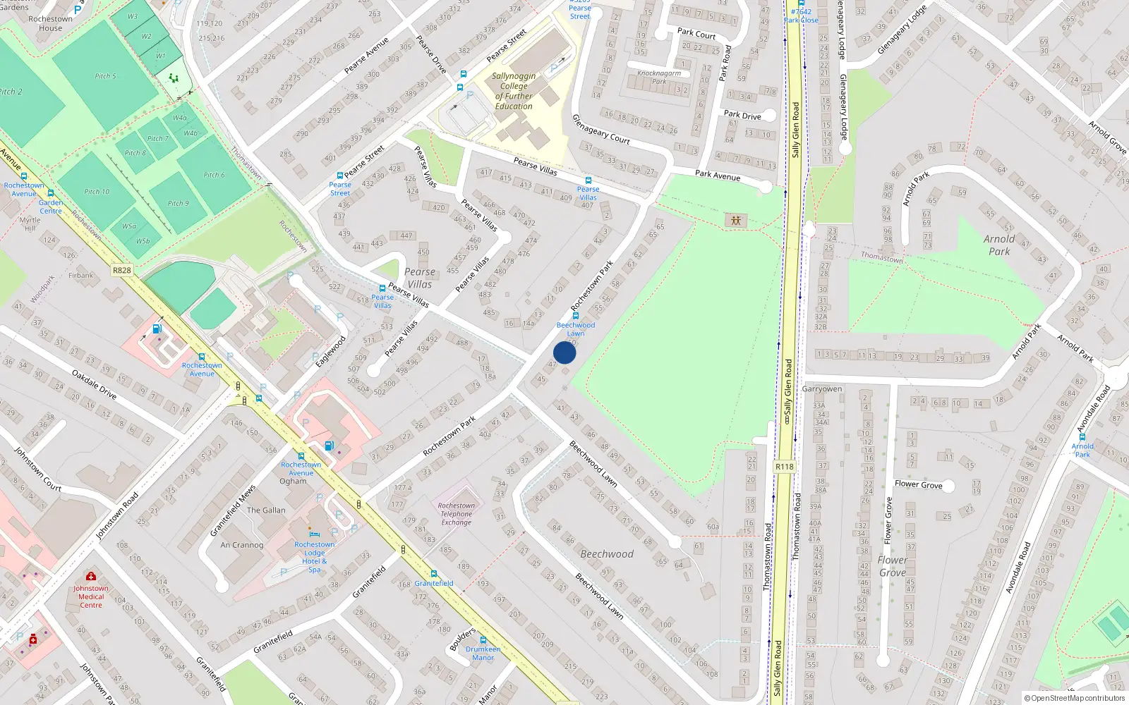 Overhead map showing the location of 49 Rochestown Park, Dún Laoghaire