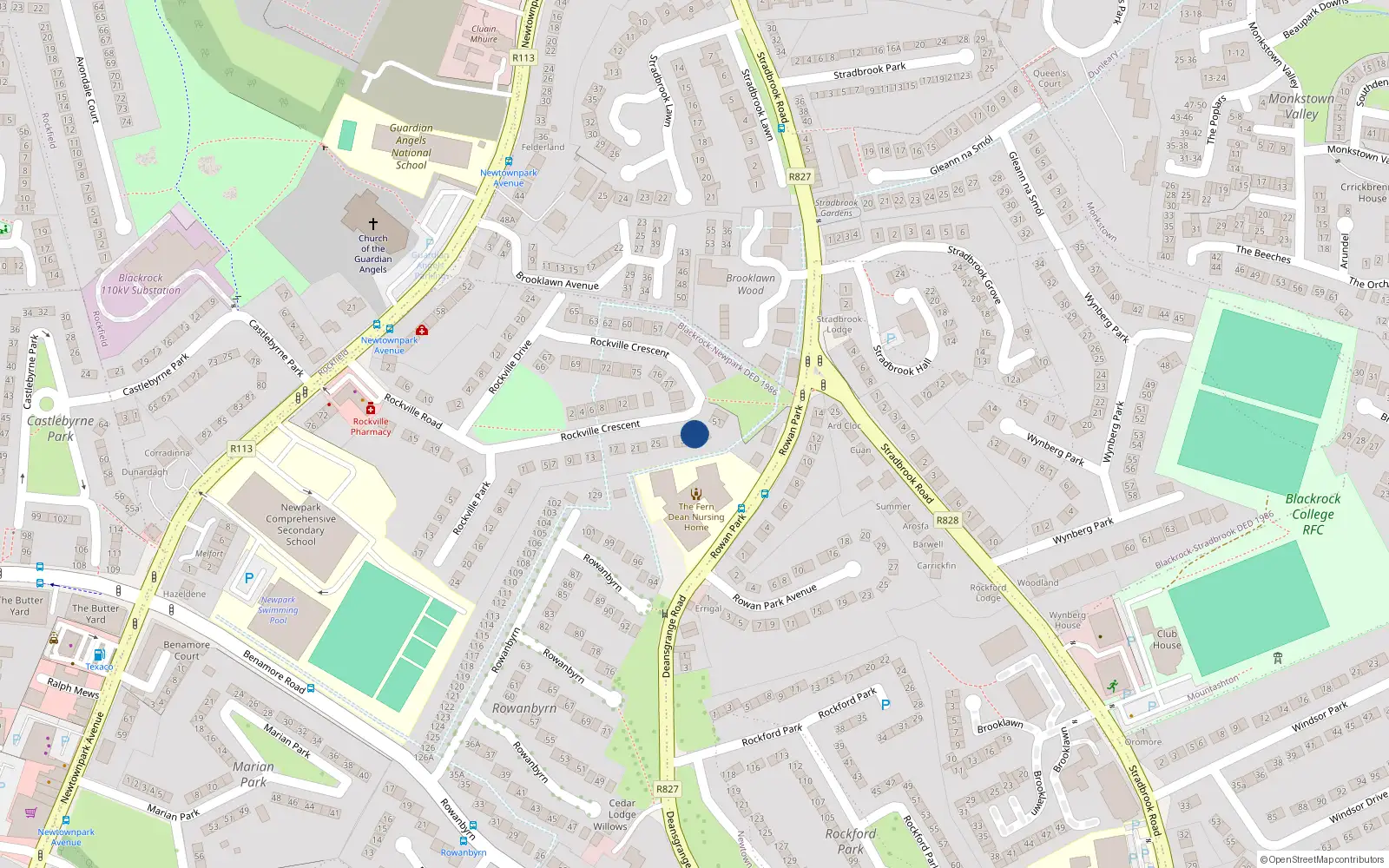 Overhead map showing the location of 49 Rockville Crescent, Blackrock, Dublin