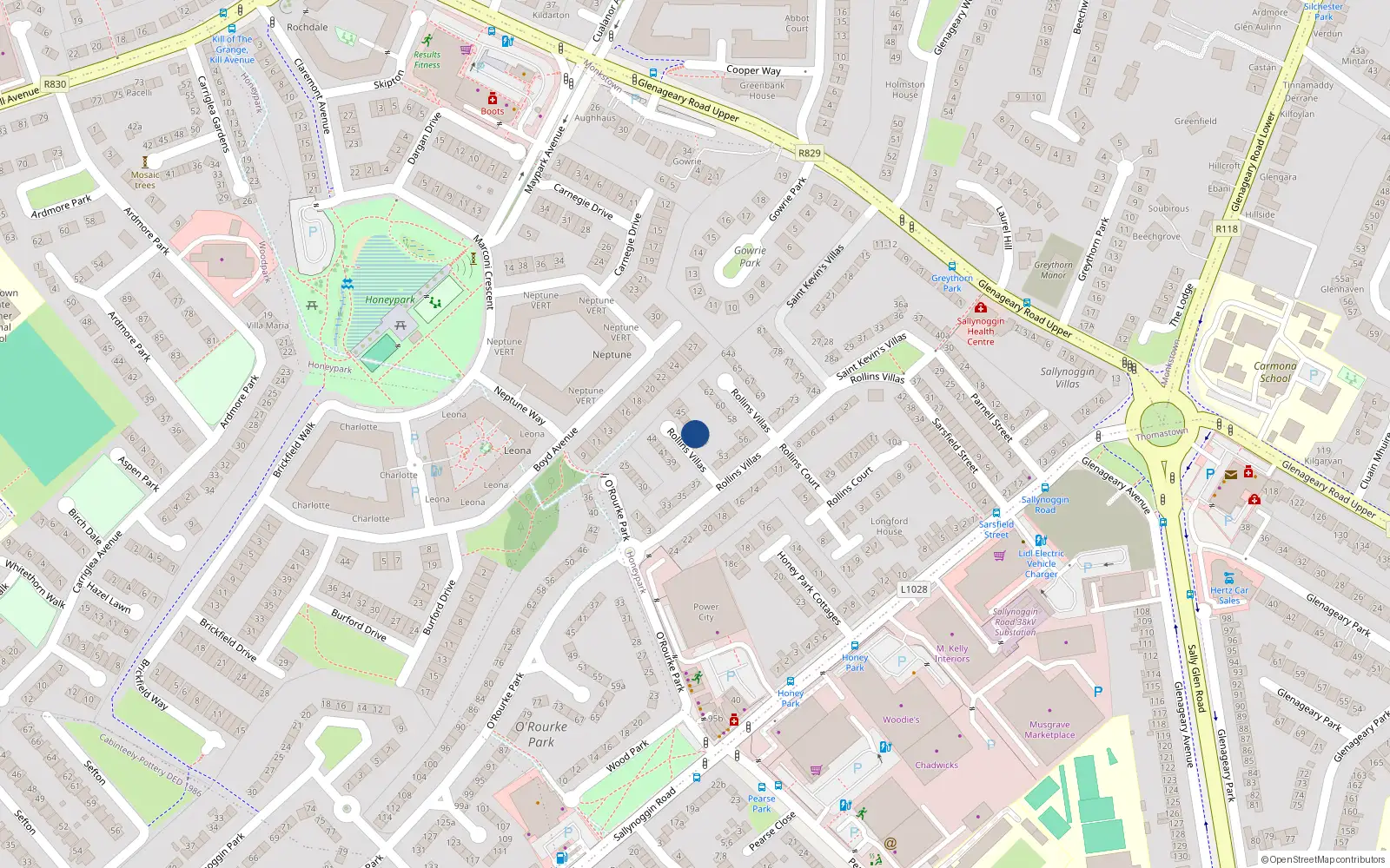 Overhead map showing the location of 49 Rollins Villas, Sallynoggin, Dublin