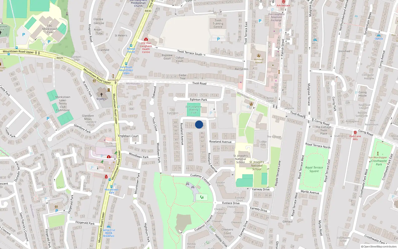 Overhead map showing the location of 49 Roseland Avenue, Cualanor, Dun Laoghaire