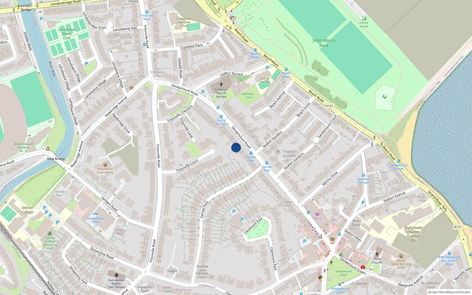 Overhead map showing the location of 49 Sandymount Road, Sandymount