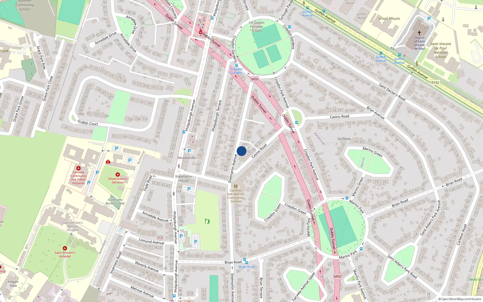 Overhead map showing the location of 49 Shelmartin Avenue, Marino, Dublin 3