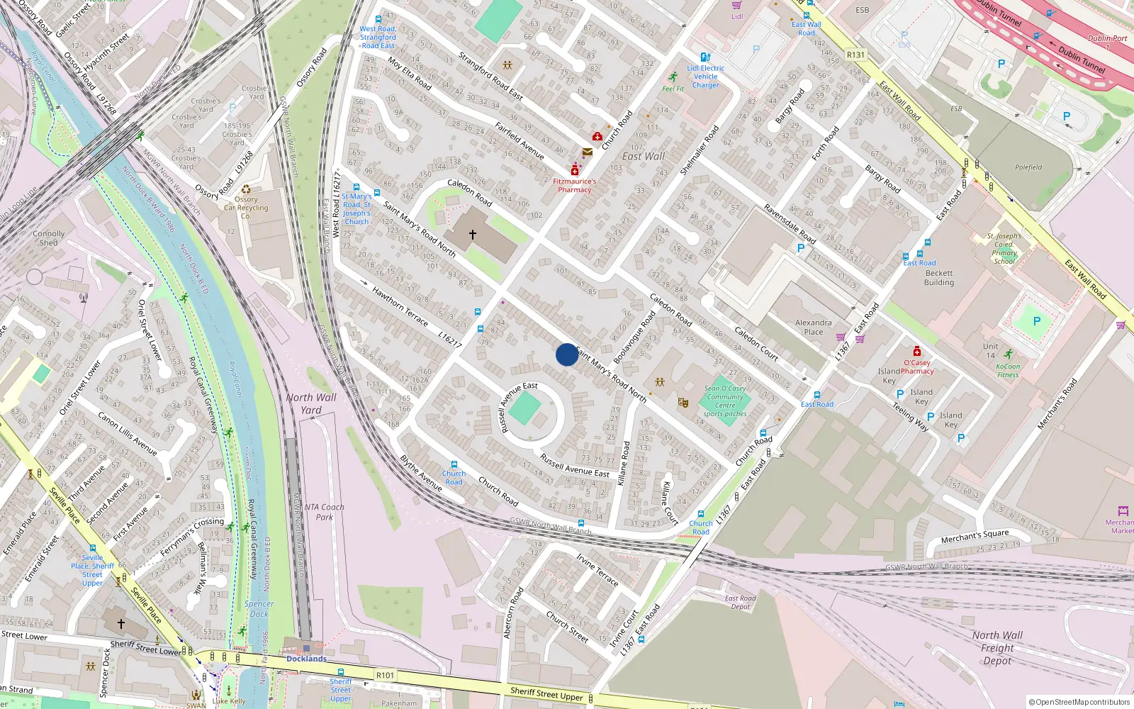 Overhead map showing the location of 49 St Marys Road, East Wall, Dublin 3