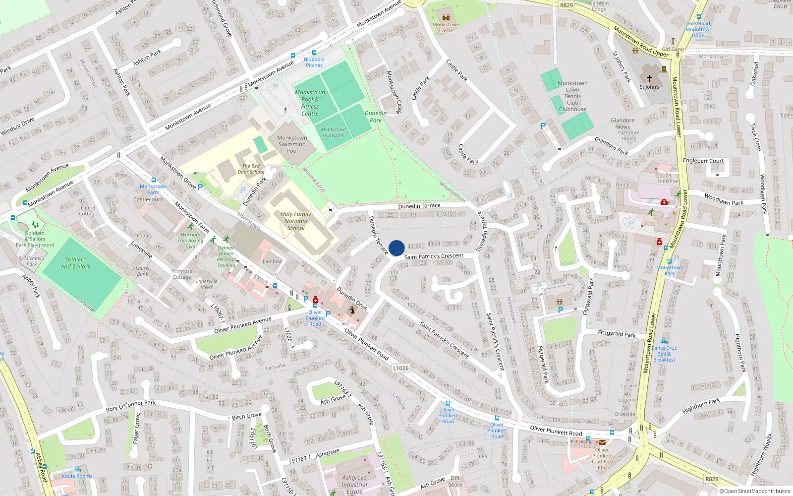 Overhead map showing the location of 49 St Patricks Crescent, Monkstown Farm, Dun Laoghaire