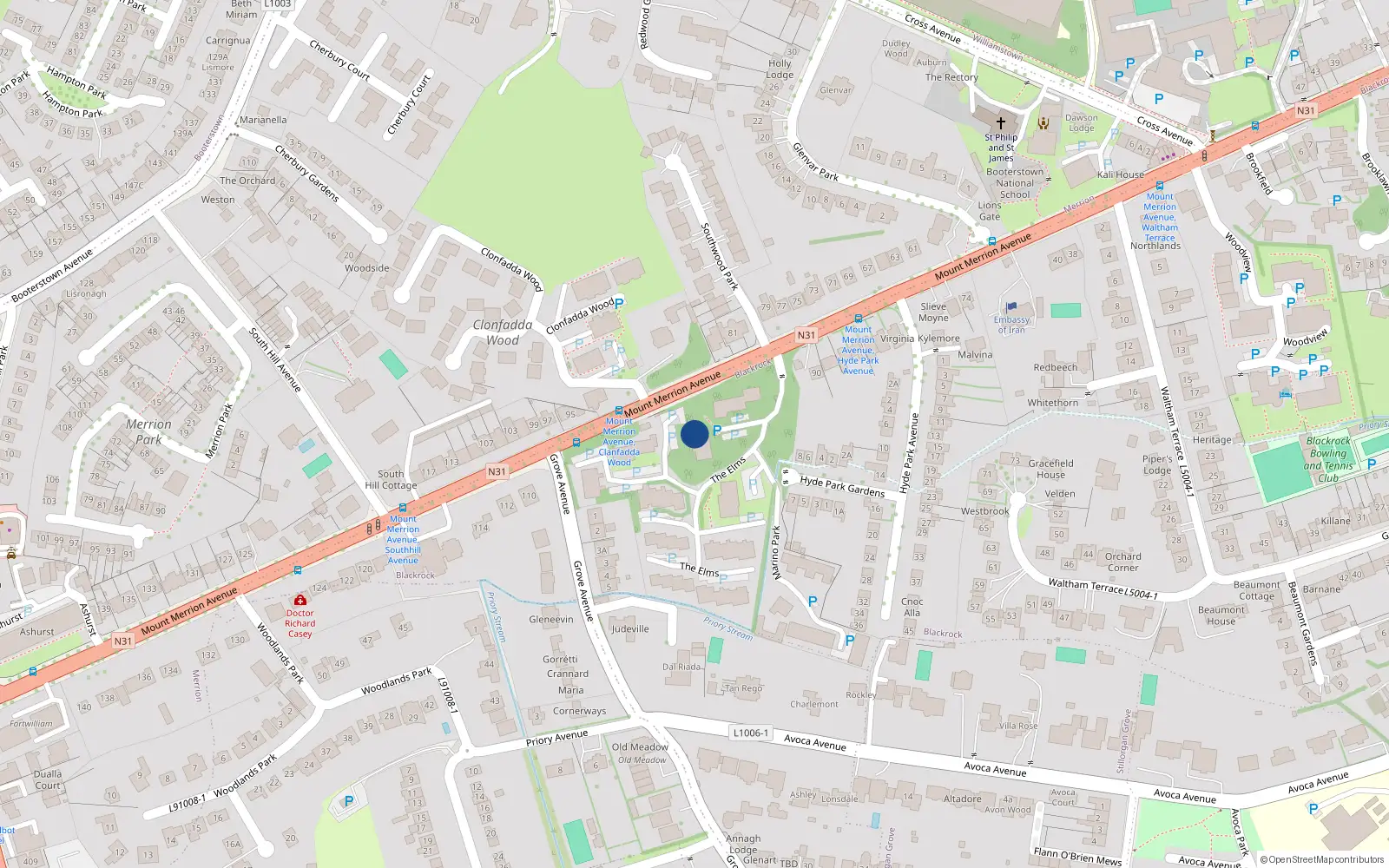 Overhead map showing the location of 49 the Elms, Mount Merrion Avenue, Blackrock