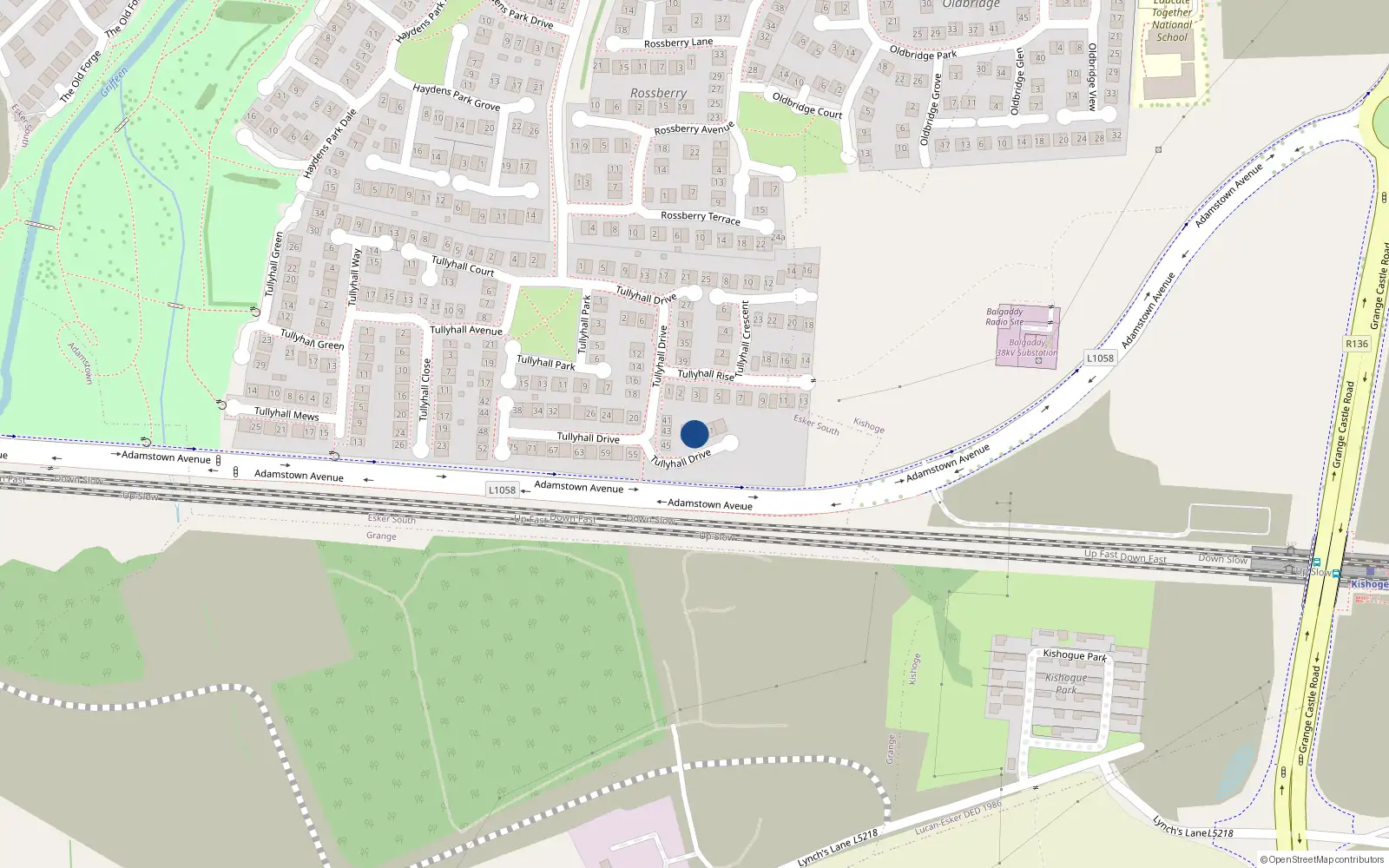 Overhead map showing the location of 49 Tullhall Drive, Lucan