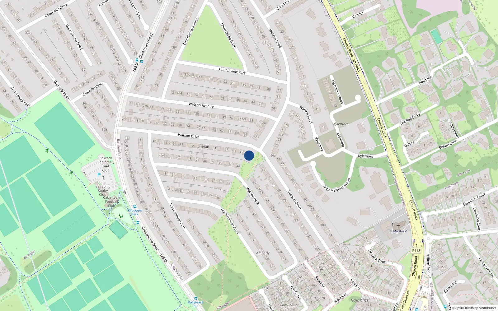 Overhead map showing the location of 49 Watson Drive, Killiney, Dublin