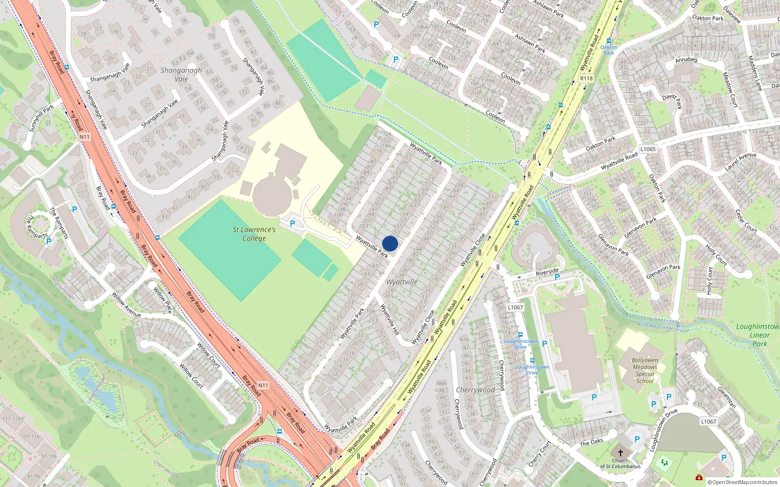 Overhead map showing the location of 49 Wyattville Park, Killiney