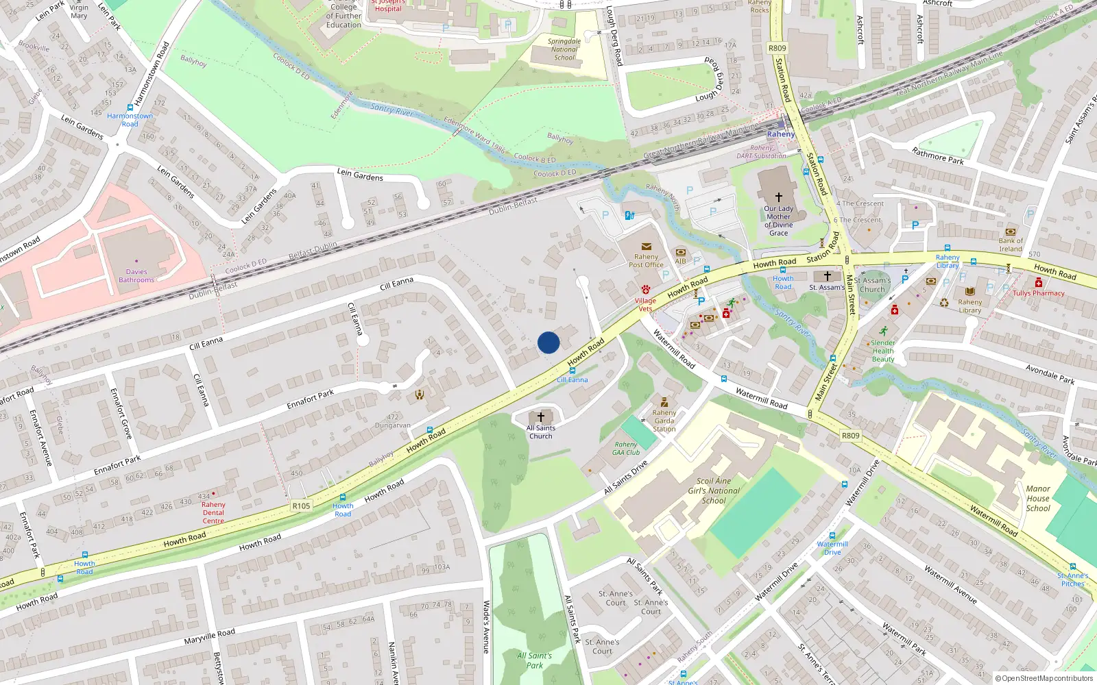 Overhead map showing the location of 496 Bothar Bhinn Eadair, Rath Eanaigh, Baile Átha Cliath 5