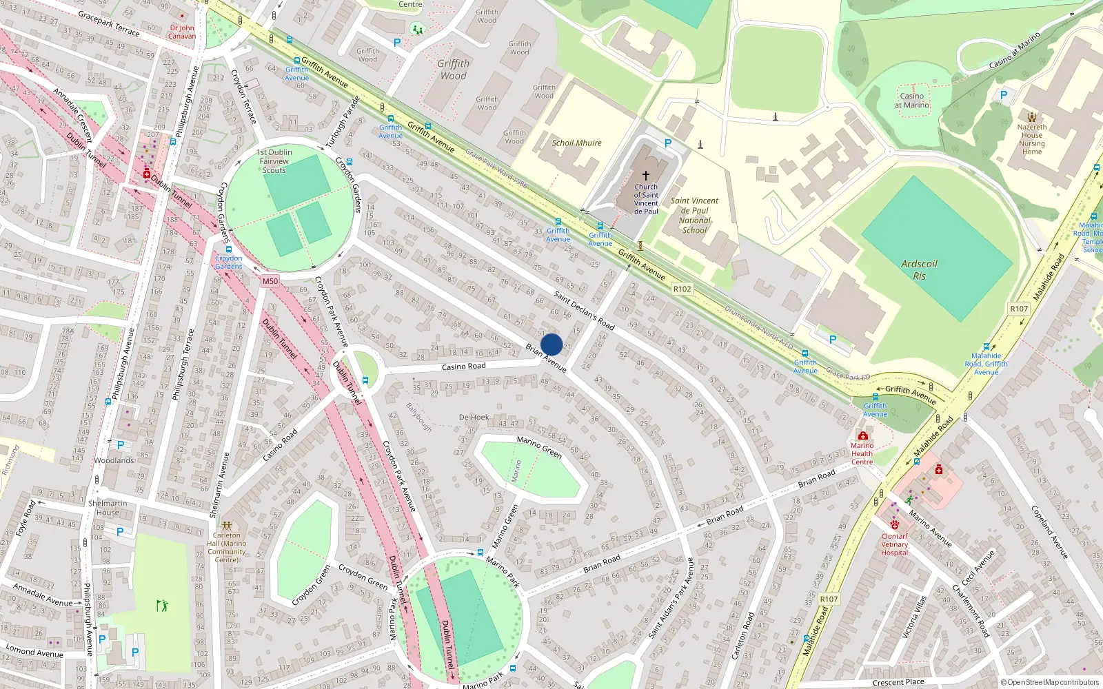 Overhead map showing the location of 49A Brian Avenue, Marino, Dublin 3