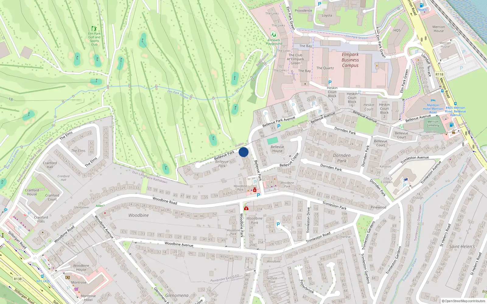 Overhead map showing the location of 4A Belllevue Park, Booterstown, Dun Laoghaire