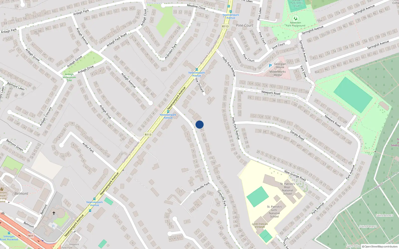 Overhead map showing the location of 4 Granville Park, Blackrock