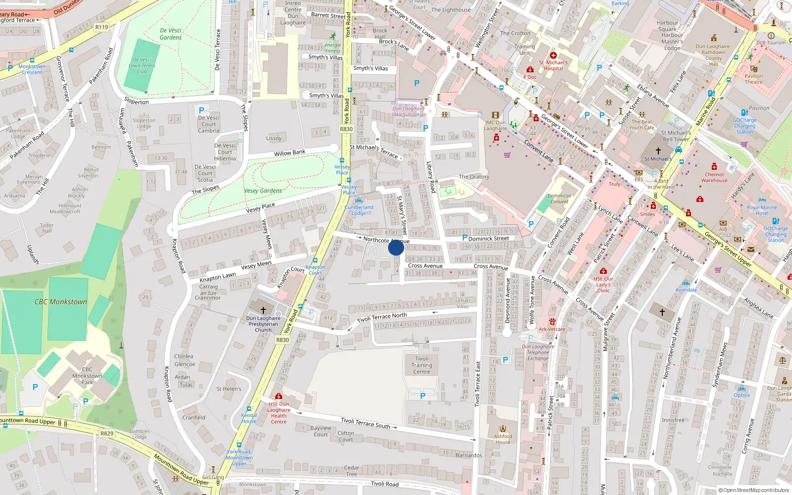 Overhead map showing the location of 4A Northcote Avenue, Dun Laoghaire, Dublin