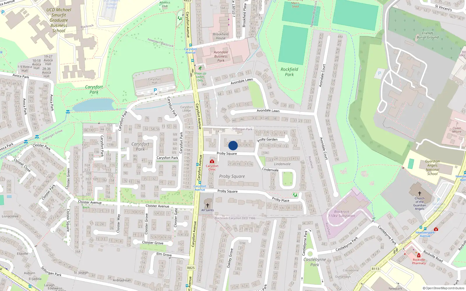 Overhead map showing the location of 4A Proby Square, Blackrock, Dublin