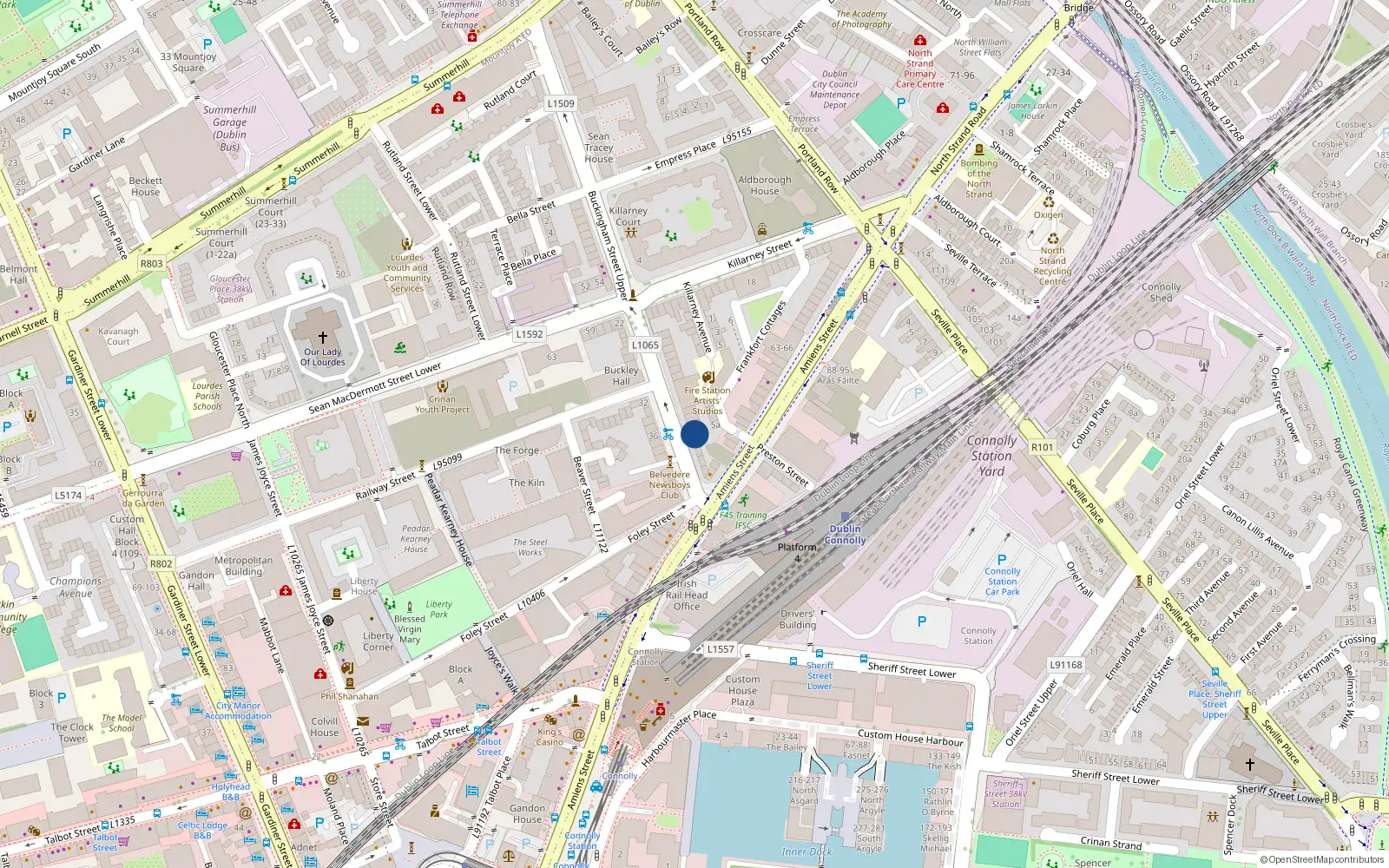 Overhead map showing the location of 5 6 7 & 8, 5 Buckingham Street Lower, Dublin 1