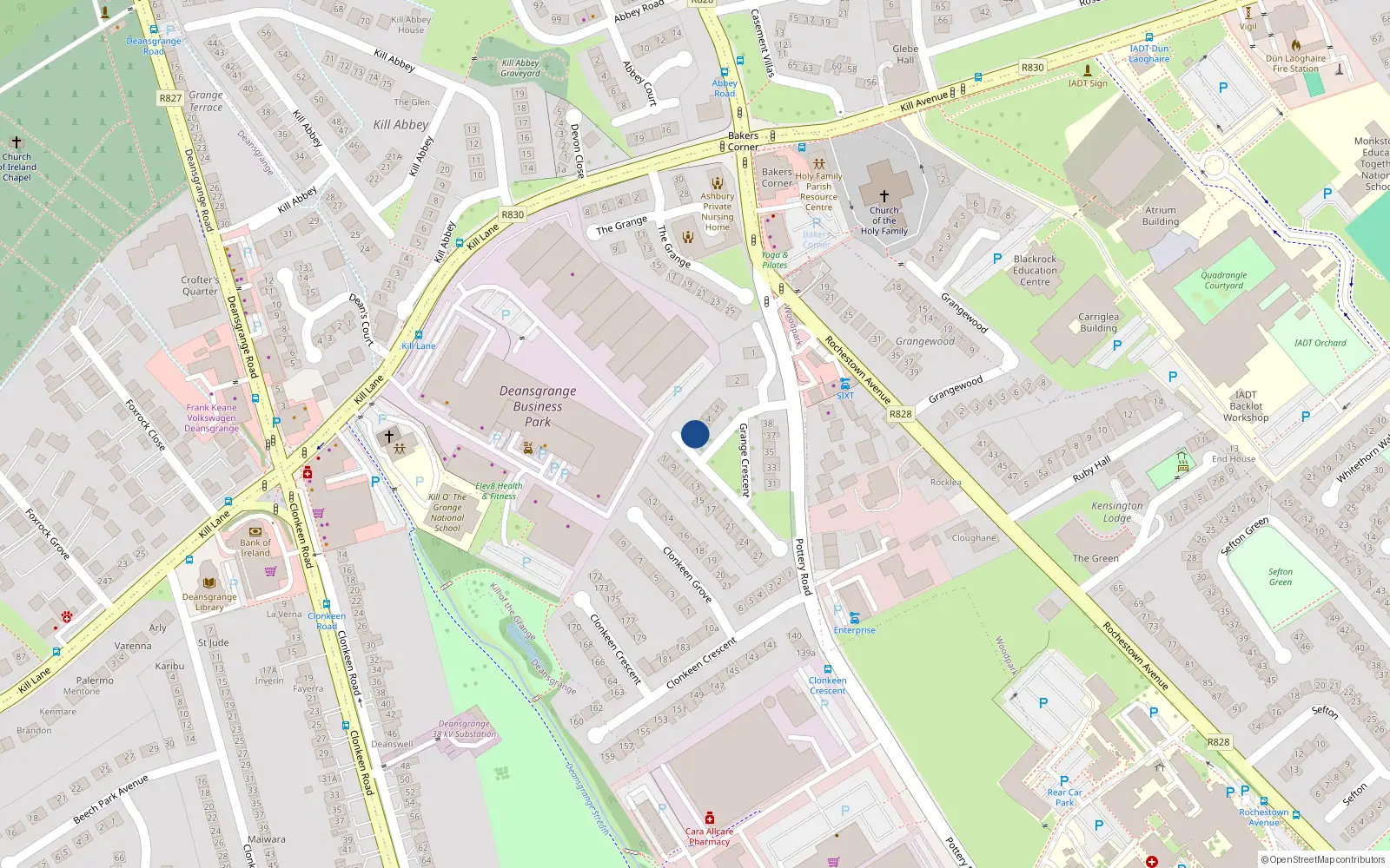 Overhead map showing the location of 6 Grange Crescent, Dun Laoghaire