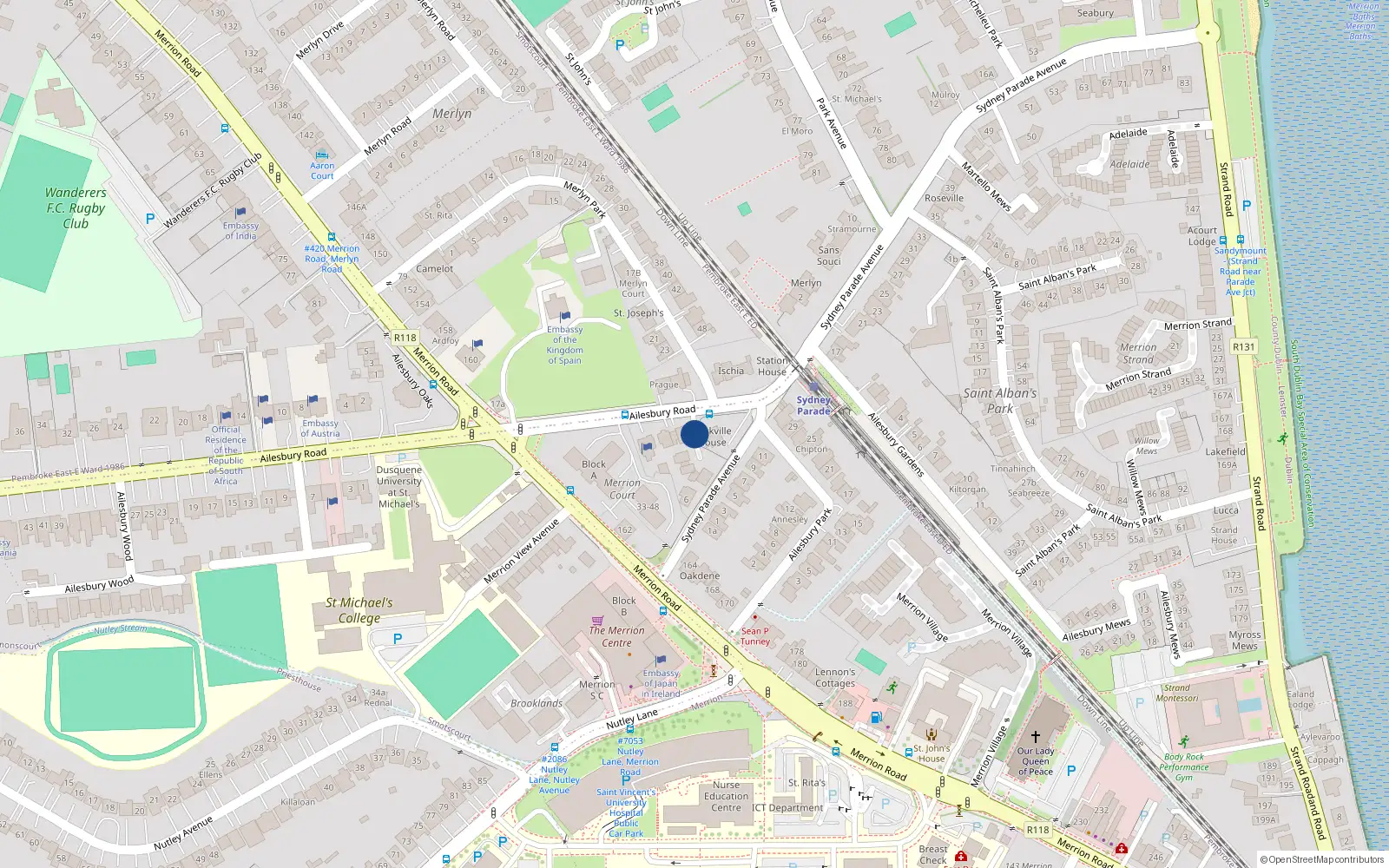 Overhead map showing the location of 5 Ailesbury Way, Merrion