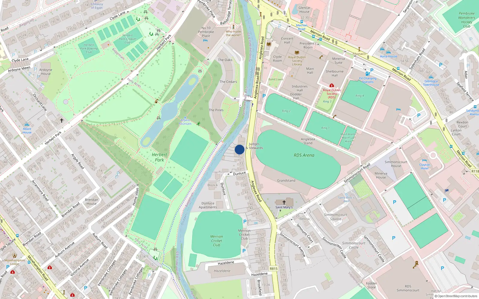 Overhead map showing the location of 5 Anglesea Road, Ballsbridge