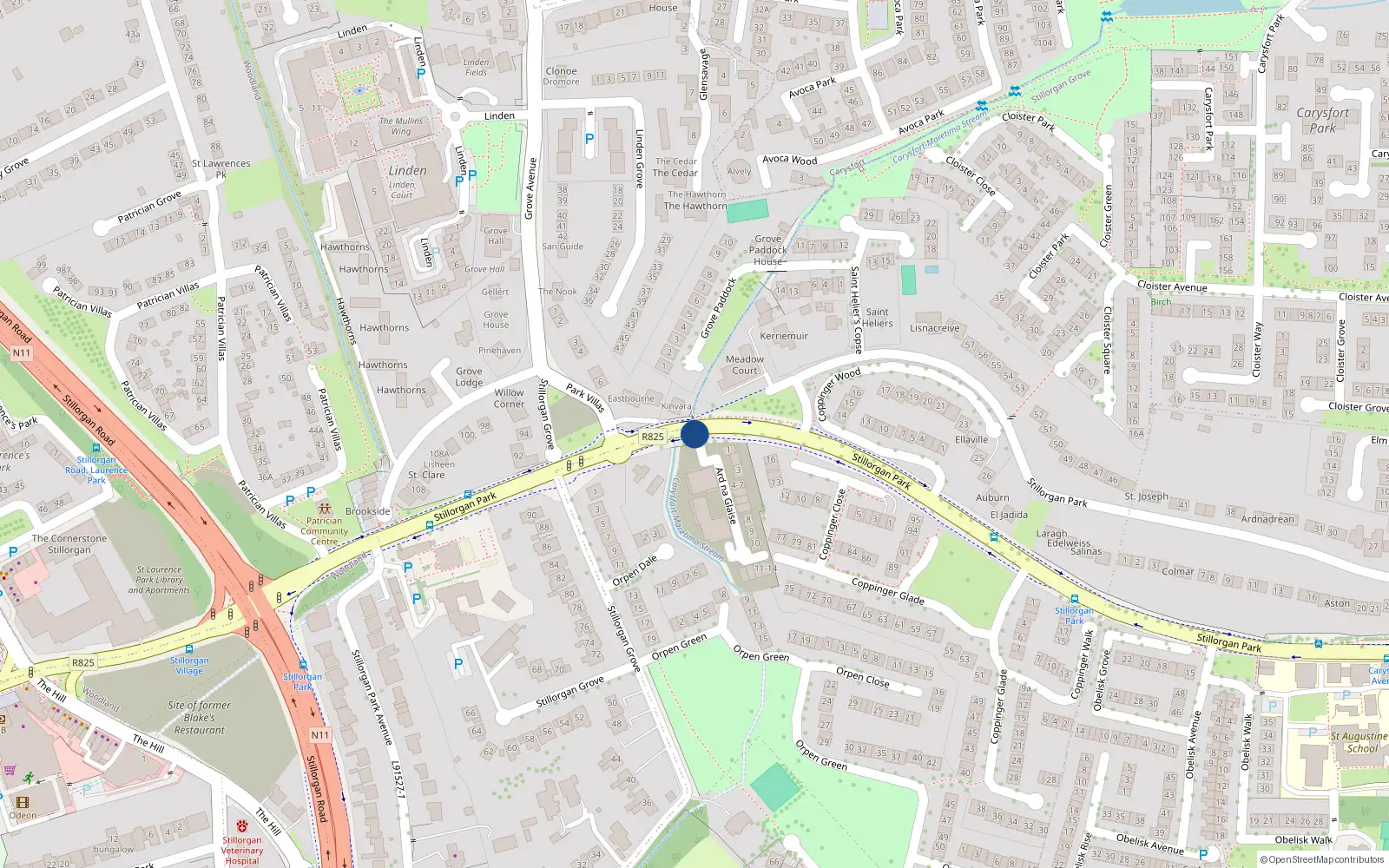 Overhead map showing the location of 5 Ard na Glaise, Stillorgan