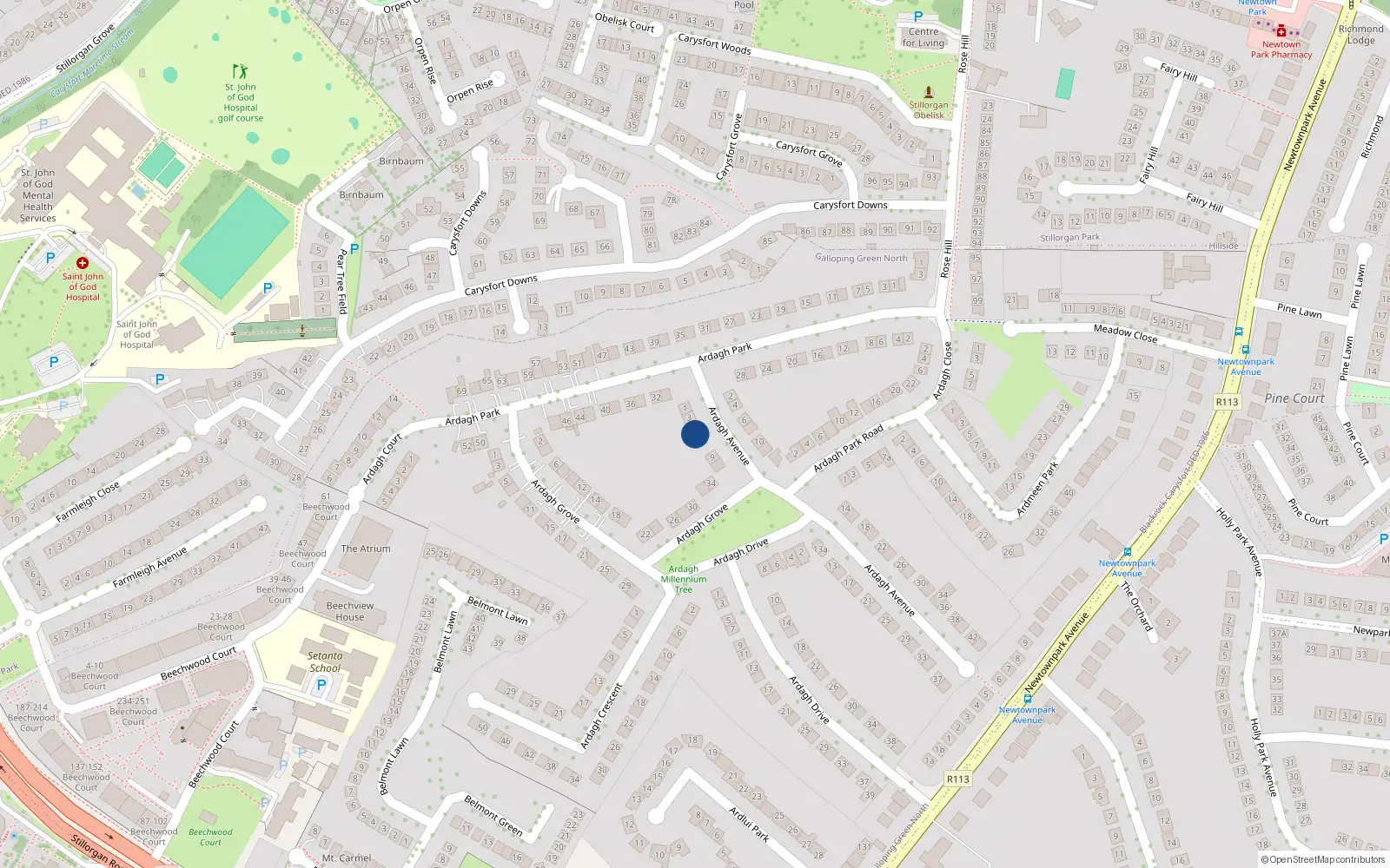 Overhead map showing the location of 5 Ardagh Avenue, Blackrock, Dublin
