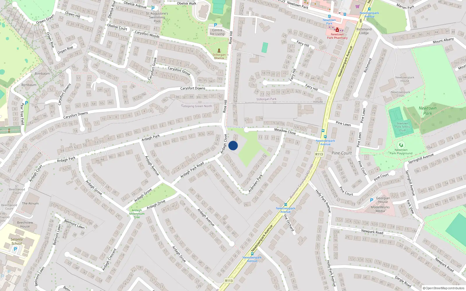 Overhead map showing the location of 5 Ardagh Close, Blackrock