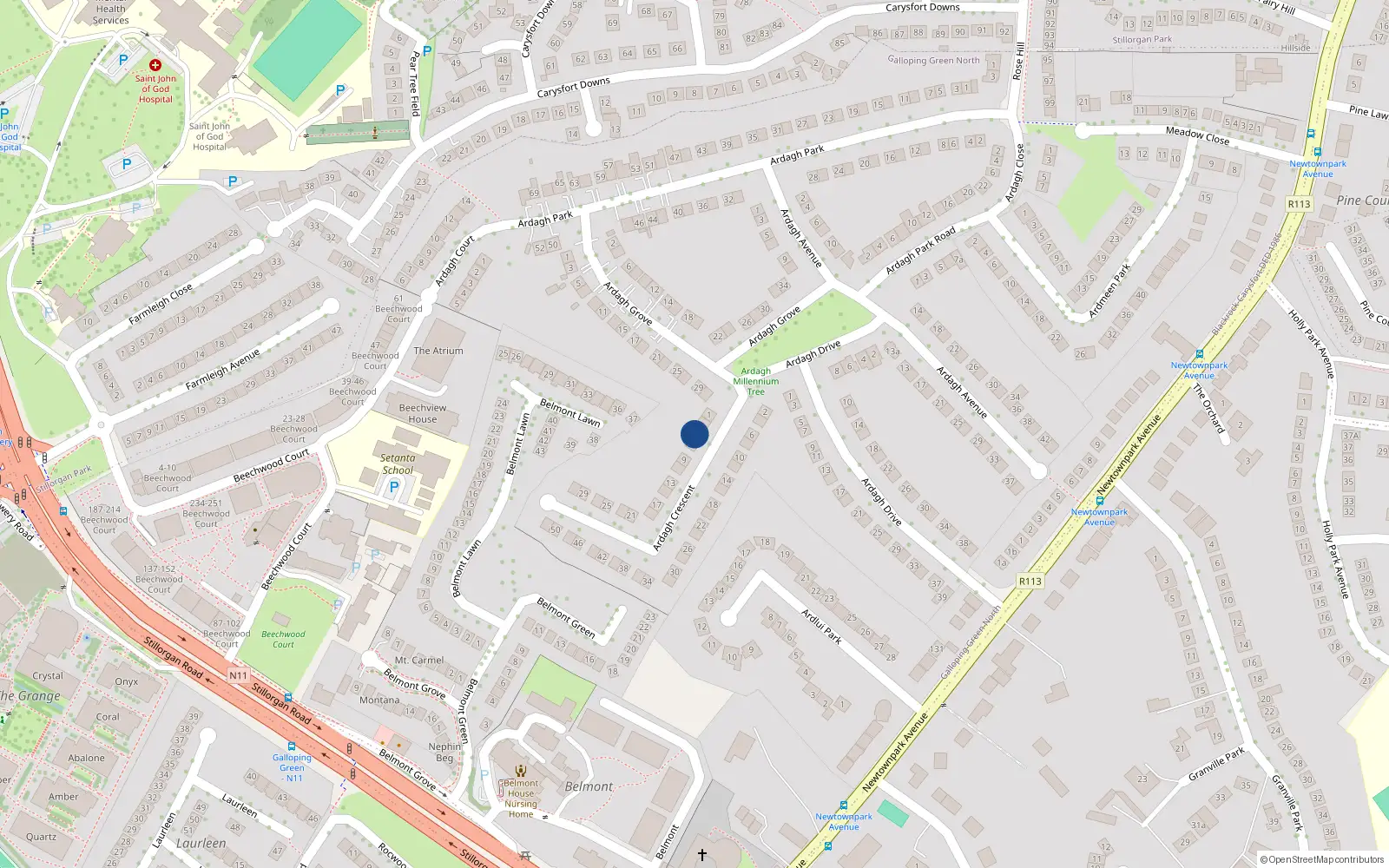 Overhead map showing the location of 5 Ardagh Crescent, Blackrock