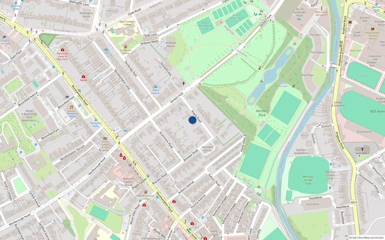 Overhead map showing the location of 5 Argyle Road, Dublin 4