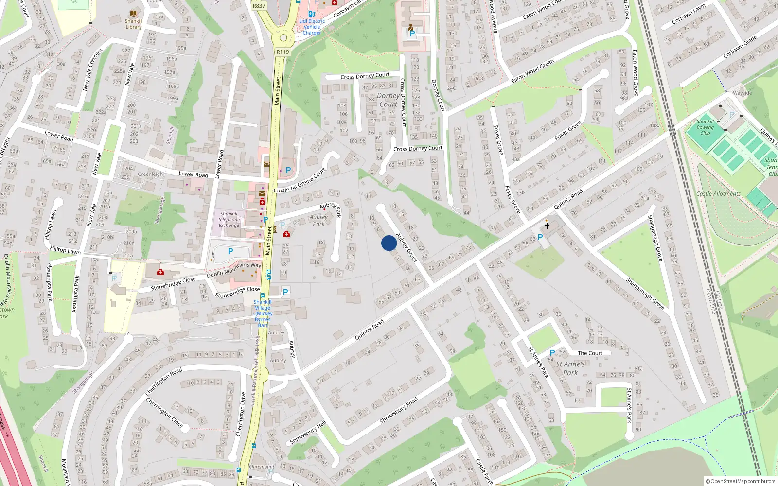 Overhead map showing the location of 5 Aubrey Grove, Shankill