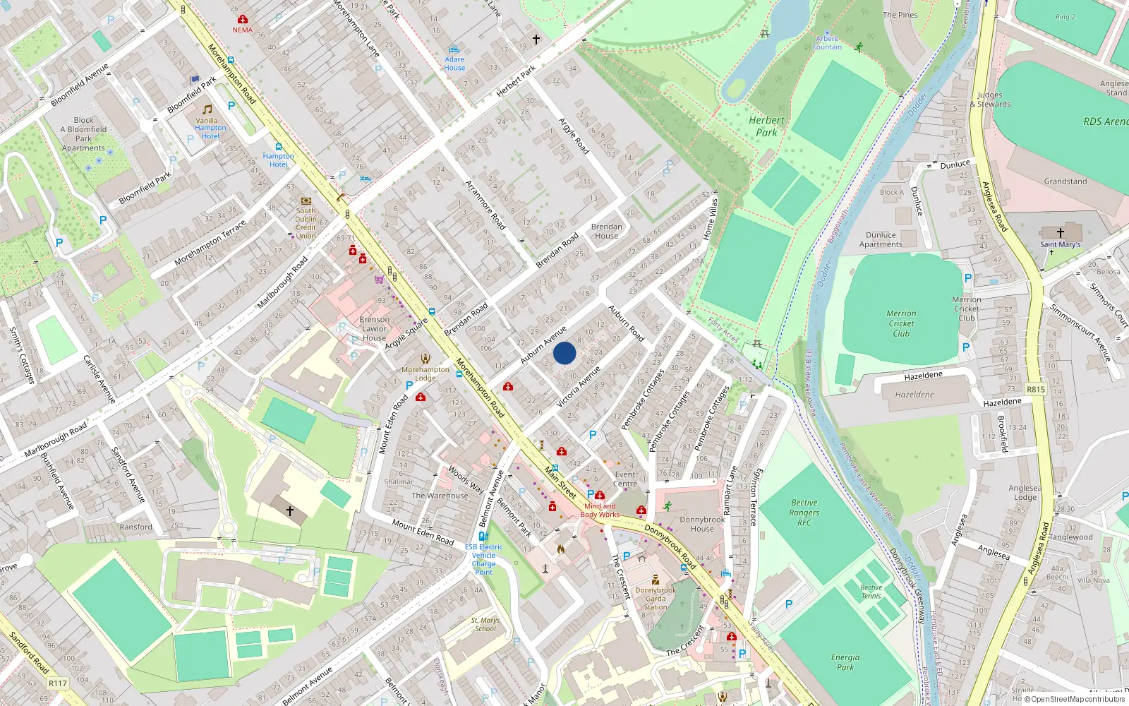Overhead map showing the location of 5 Auburn Road, Ballsbridge