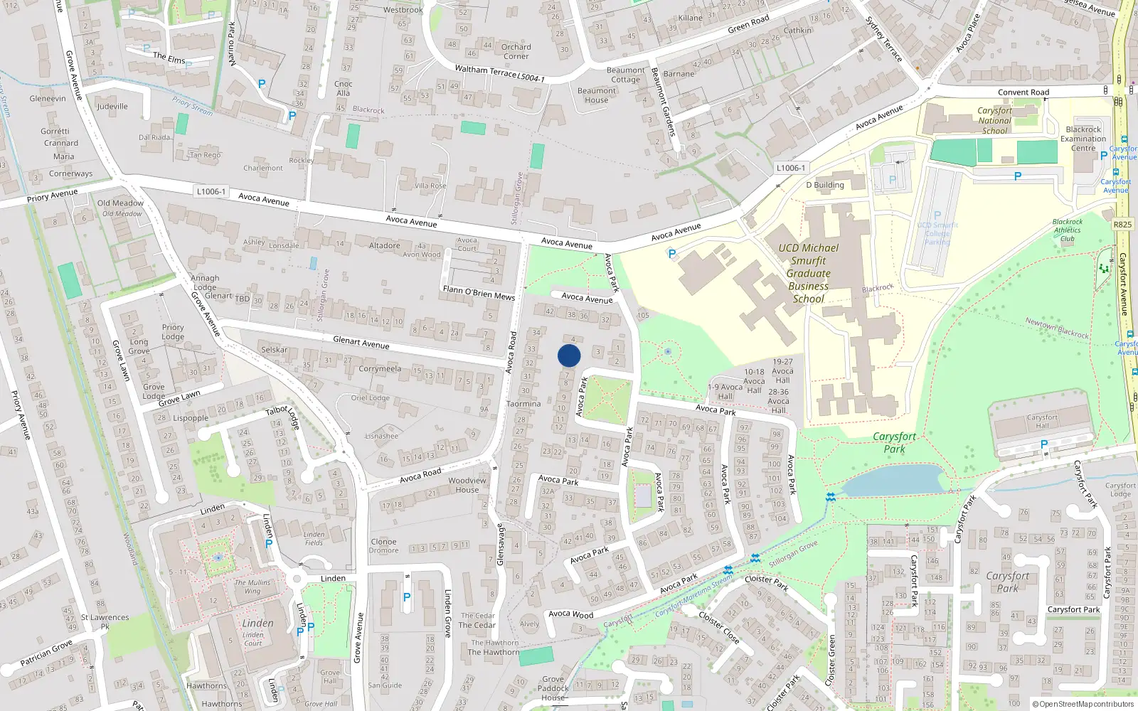 Overhead map showing the location of 5 Avoca Park, Blackrock, Dublin